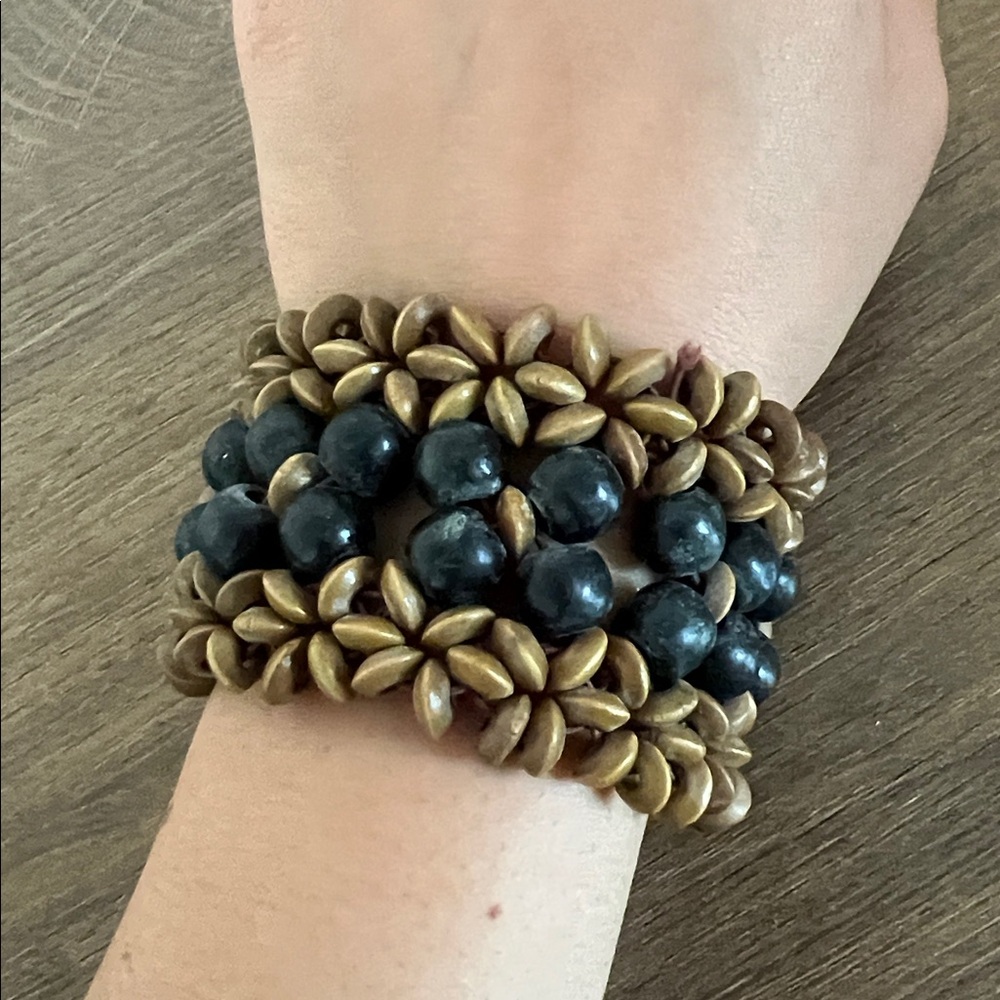 Boho Chunky Wood & Bead Stretch Bracelet – Natural Brown & Black Wide Cuff